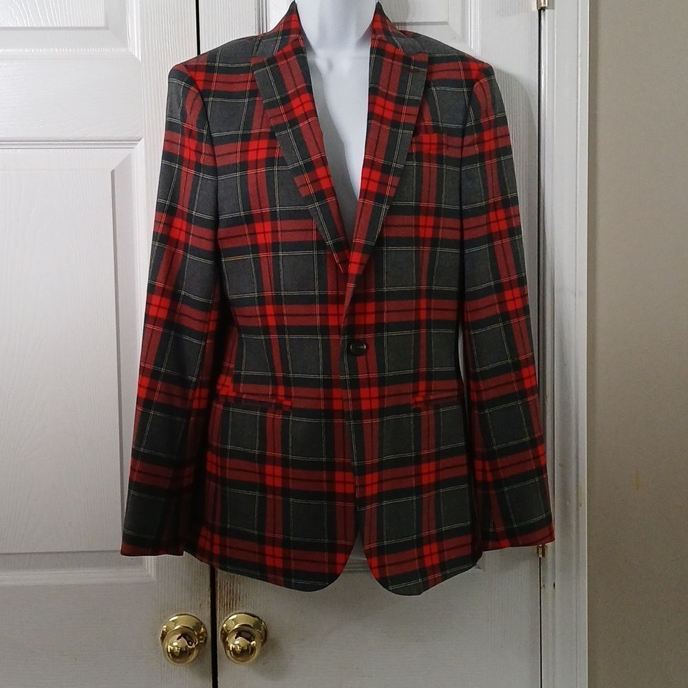 J Ferrar Red Black Plaid Classic Holiday Christmas Stretch Slim Blazer Sz 34/36
